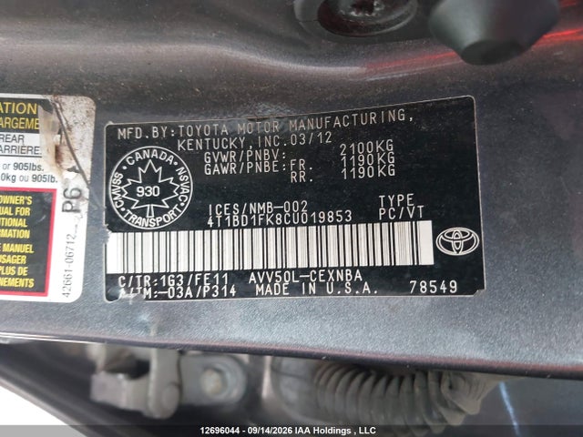 Aukcja sprzedaży 2012 Toyota Camry Hybrid Le, vin: 4T1BD1FK8CU019853, numer aukcji: 12696044