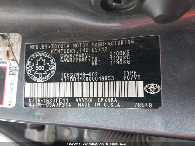 Aukcja sprzedaży 2012 Toyota Camry Hybrid Le, vin: 4T1BD1FK8CU019853, numer aukcji: 12696044