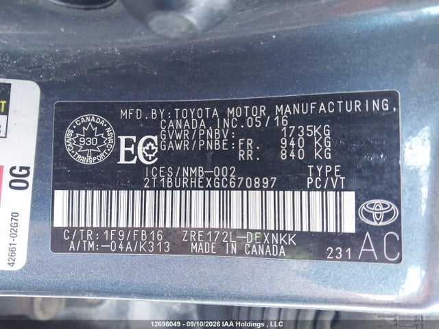 Aukcja sprzedaży 2016 Toyota Corolla Le, vin: 2T1BURHEXGC670897, numer aukcji: 12696049