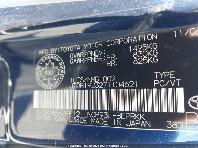 Aukcja sprzedaży 2007 Toyota Yaris, vin: JTDBT923271104621, numer aukcji: 12696083