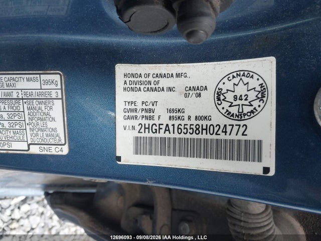 2008 Honda Civic Lx მანქანა იყიდება აუქციონზე, vin: 2HGFA16558H024772, აუქციონის ნომერი: 12696093