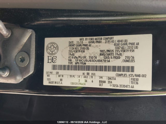 Aukcja sprzedaży 2013 Ford Escape Titanium, vin: 1FMCU9J93DUB87814, numer aukcji: 12696112