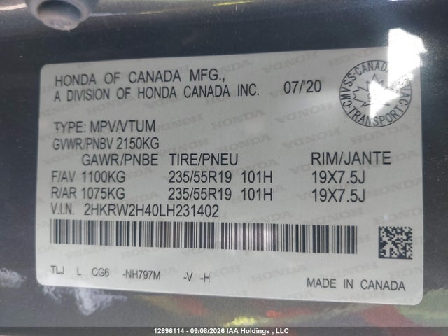 2HKRW2H40LH231402 Honda Cr-v Sport