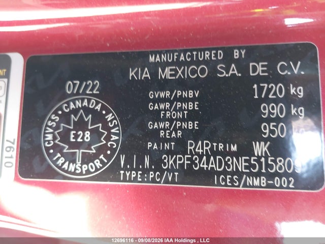 2022 Kia Forte მანქანა იყიდება აუქციონზე, vin: 3KPF34AD3NE515809, აუქციონის ნომერი: 12696116