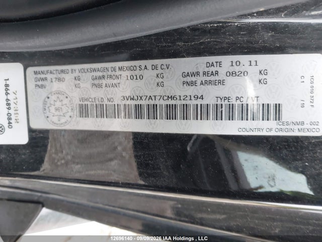 2012 Volkswagen Beetle 2.5l Comfortline/2.5l Highline/premiere/premiere+ მანქანა იყიდება აუქციონზე, vin: 3VWJX7AT7CM612194, აუქციონის ნომერი: 12696140