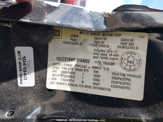 2001 Chevrolet S Truck S10 მანქანა იყიდება აუქციონზე, vin: 1GCCS19W618164893, აუქციონის ნომერი: 12696149