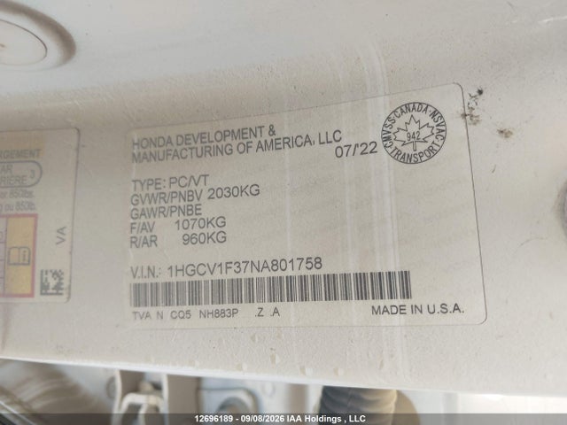 12696189 :رقم المزاد ، 1HGCV1F37NA801758 vin ، 2022 Honda Accord Sport 1.5t مزاد بيع