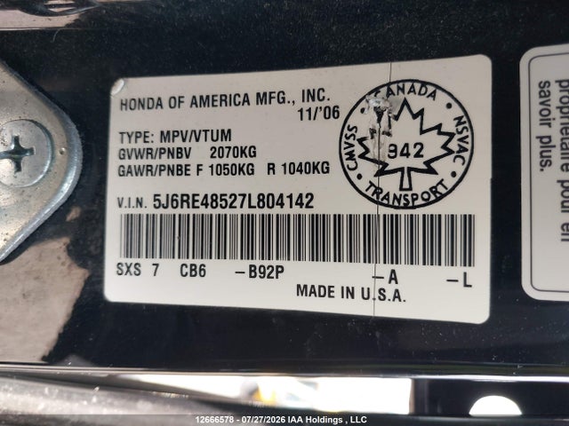 Продаж на аукціоні авто 2007 Honda Cr-v Ex, vin: 5J6RE48527L804142, номер лоту: 12666578