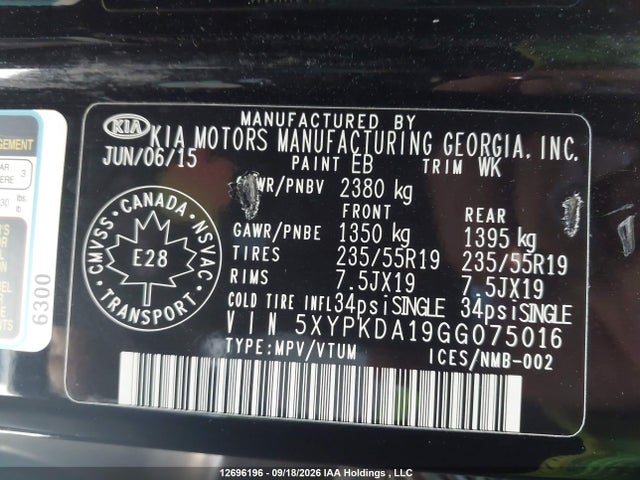 Aukcja sprzedaży 2016 Kia Sorento 2.0l Sx, vin: 5XYPKDA19GG075016, numer aukcji: 12696196
