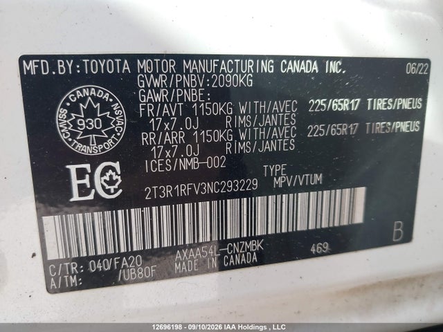 Продажа на аукционе авто 2022 Toyota Rav4 Xle/xle Premium, vin: 2T3R1RFV3NC293229, номер лота: 12696198