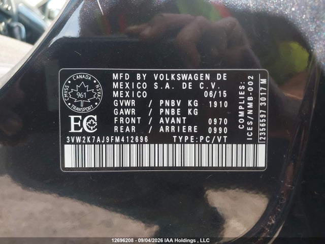 2015 Volkswagen Jetta S მანქანა იყიდება აუქციონზე, vin: 3VW2K7AJ9FM412696, აუქციონის ნომერი: 12696208