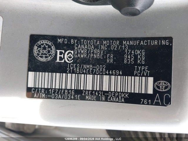 12696209 :رقم المزاد ، 2T1BU4EE7DC044694 vin ، 2013 Toyota Corolla مزاد بيع