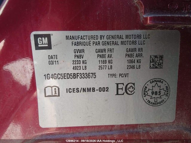 Aukcja sprzedaży 2011 Buick Lacrosse Cxl, vin: 1G4GC5ED5BF333675, numer aukcji: 12696214