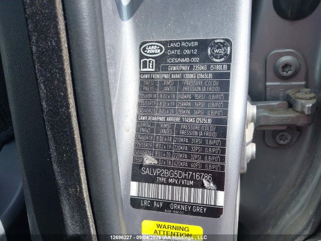 12696227 :رقم المزاد ، SALVP2BG5DH716786 vin ، 2013 Land Rover Range Rover Evoque Pure مزاد بيع