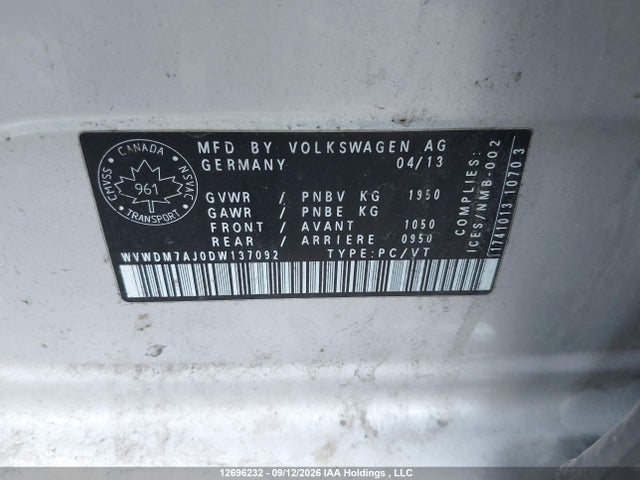 12696232 :رقم المزاد ، WVWDM7AJ0DW137092 vin ، 2013 Volkswagen Golf مزاد بيع