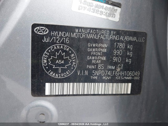 Продажа на аукционе авто 2017 Hyundai Elantra, vin: 5NPD74LF6HH106049, номер лота: 12696237