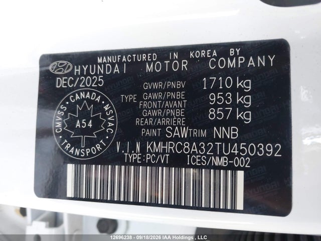 Aukcja sprzedaży 2026 Hyundai Venue Sel, vin: KMHRC8A32TU450392, numer aukcji: 12696238