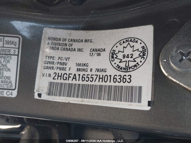 2007 Honda Civic Lx მანქანა იყიდება აუქციონზე, vin: 2HGFA16557H016363, აუქციონის ნომერი: 12696267