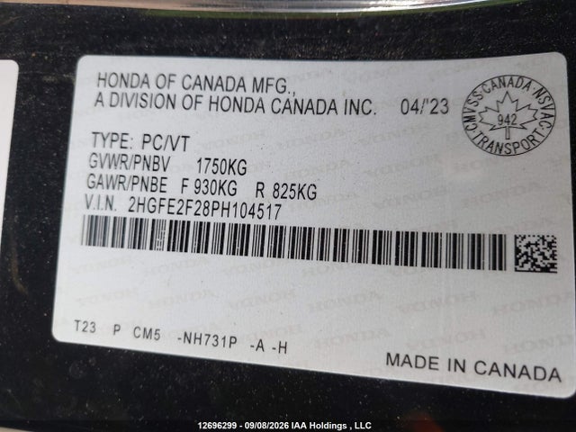 2023 Honda Civic Lx მანქანა იყიდება აუქციონზე, vin: 2HGFE2F28PH104517, აუქციონის ნომერი: 12696299