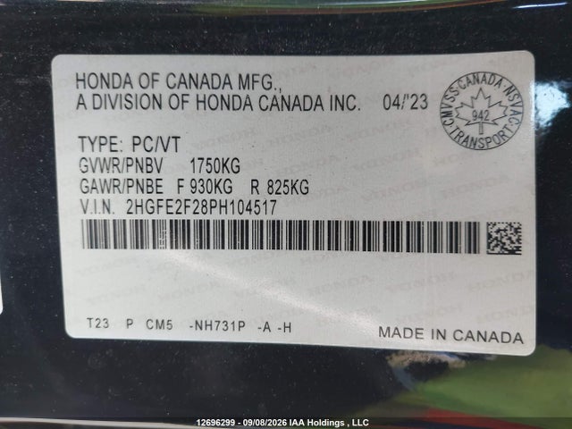 2023 Honda Civic Lx მანქანა იყიდება აუქციონზე, vin: 2HGFE2F28PH104517, აუქციონის ნომერი: 12696299