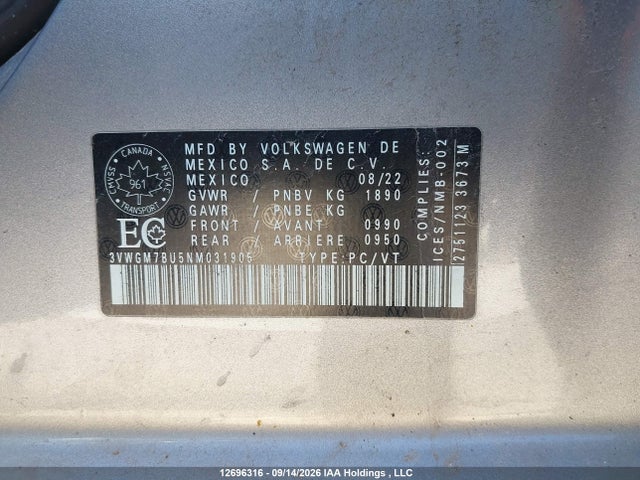 Aukcja sprzedaży 2022 Volkswagen Jetta Sel, vin: 3VWGM7BU5NM031905, numer aukcji: 12696316