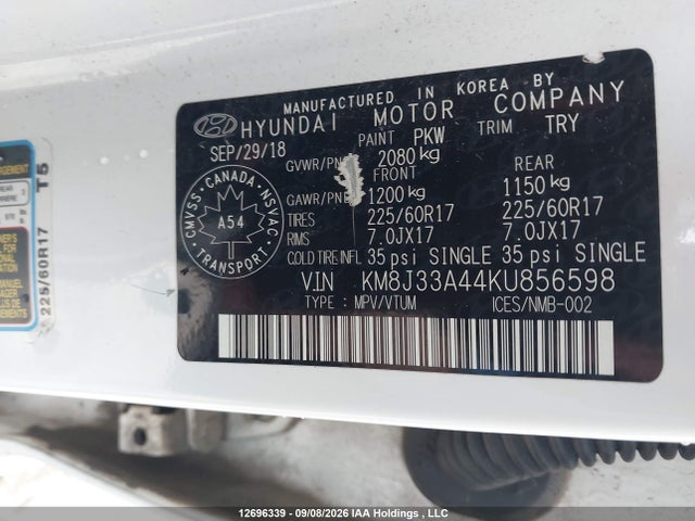 Aukcja sprzedaży 2019 Hyundai Tucson Limited/sel/sport/ultimate/value/night, vin: KM8J33A44KU856598, numer aukcji: 12696339