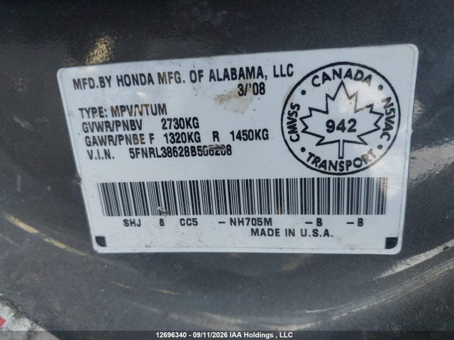 Продажа на аукционе авто 2008 Honda Odyssey Exl, vin: 5FNRL38628B506208, номер лота: 12696340