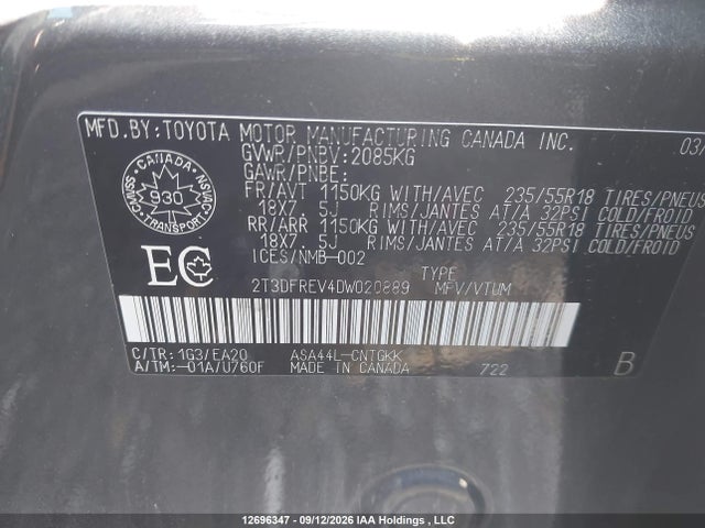 12696347 :رقم المزاد ، 2T3DFREV4DW020889 vin ، 2013 Toyota Rav4 Limited مزاد بيع