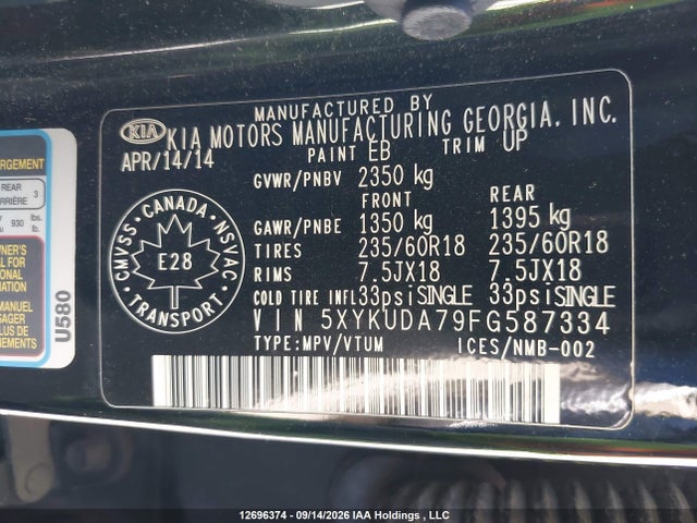 KIA Sorento Ex V6 2015 5XYKUDA79FG587334 Image 9