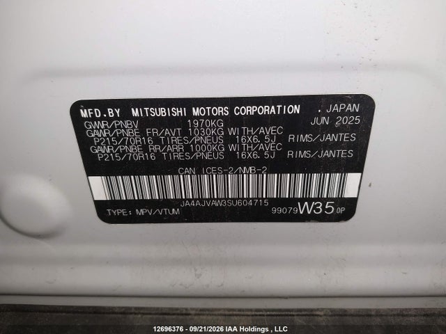 2025 Mitsubishi Rvr Se/sel/noir/gt მანქანა იყიდება აუქციონზე, vin: JA4AJVAW3SU604715, აუქციონის ნომერი: 12696376