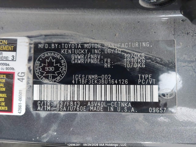 12696381 :رقم المزاد ، 4T1BF3EK3BU164126 vin ، 2011 Toyota Camry Le مزاد بيع