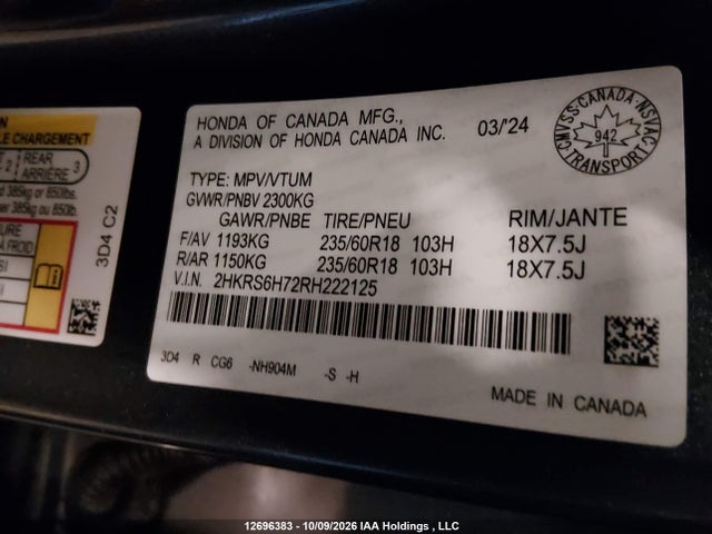 12696383 :رقم المزاد ، 2HKRS6H72RH222125 vin ، 2024 Honda Cr-v Ex-l Hybrid مزاد بيع