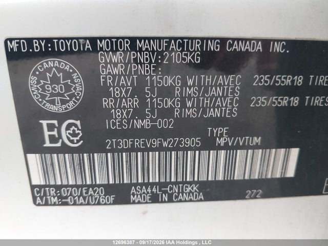 12696387 :رقم المزاد ، 2T3DFREV9FW273905 vin ، 2015 Toyota Rav4 Limited مزاد بيع