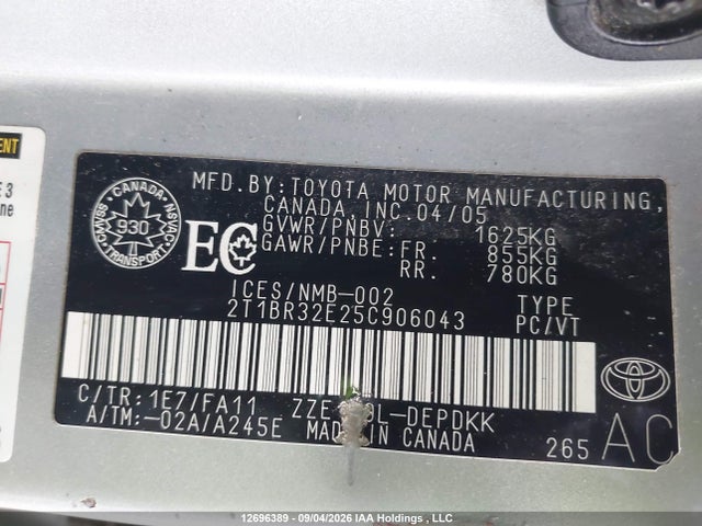 12696389 :رقم المزاد ، 2T1BR32E25C906043 vin ، 2005 Toyota Corolla مزاد بيع