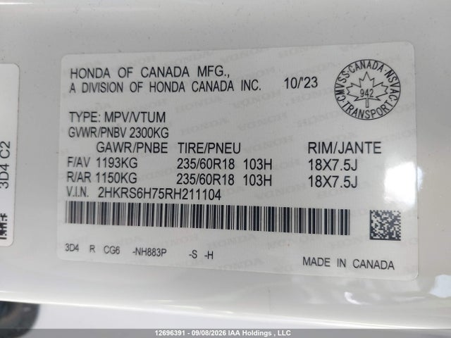 Aukcja sprzedaży 2024 Honda Cr-v Exl, vin: 2HKRS6H75RH211104, numer aukcji: 12696391