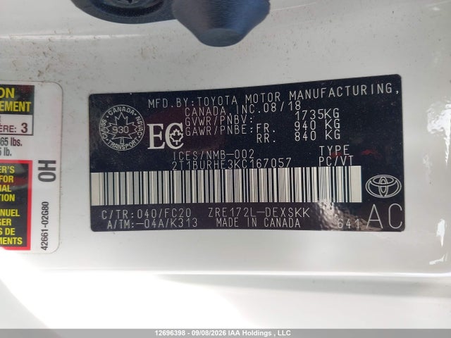 Продажа на аукционе авто 2019 Toyota Corolla L/le/xle/se/xse, vin: 2T1BURHE3KC167057, номер лота: 12696398