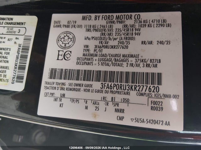 Aukcja sprzedaży 2019 Ford Fusion Titanium, vin: 3FA6P0RU3KR277620, numer aukcji: 12696406