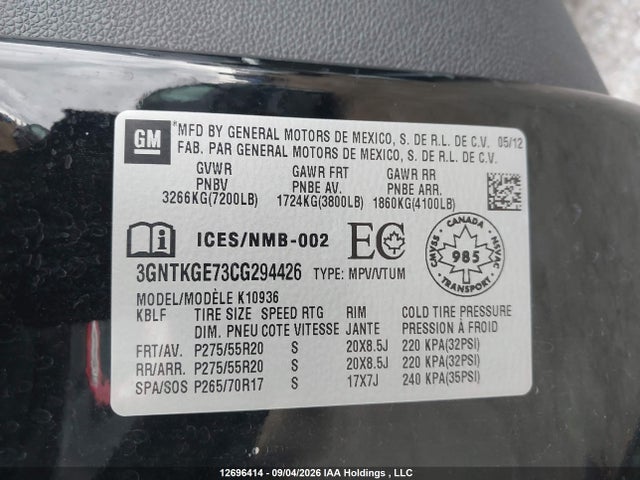 2012 Chevrolet Avalanche მანქანა იყიდება აუქციონზე, vin: 3GNTKGE73CG294426, აუქციონის ნომერი: 12696414