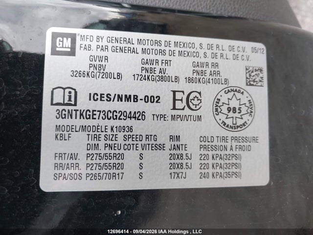 2012 Chevrolet Avalanche მანქანა იყიდება აუქციონზე, vin: 3GNTKGE73CG294426, აუქციონის ნომერი: 12696414