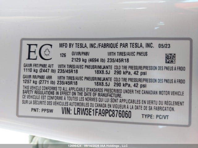 Aukcja sprzedaży 2023 Tesla Model 3, vin: LRW3E1FA9PC876060, numer aukcji: 12696424
