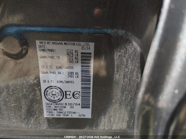 12690041 :رقم المزاد ، 5N1AT2MV0EC830704 vin ، 2014 Nissan Rogue S/sl/sv مزاد بيع