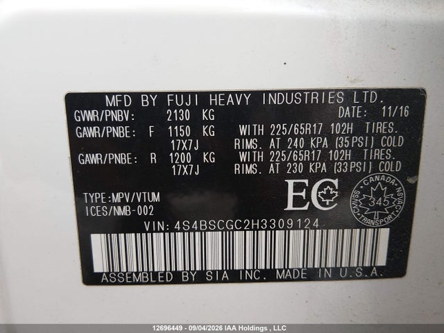 Subaru Outback 2.5i Touring 2017 4S4BSCGC2H3309124 Image 9