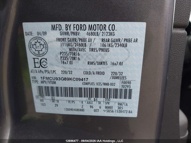 12696477 :رقم المزاد ، 1FMCU93G89KC09417 vin ، 2009 Ford Escape Xlt مزاد بيع