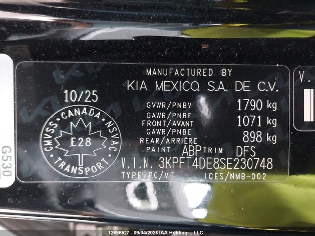 12696527 :رقم المزاد ، 3KPFT4DE8SE230748 vin ، 2025 Kia K4 Lx مزاد بيع