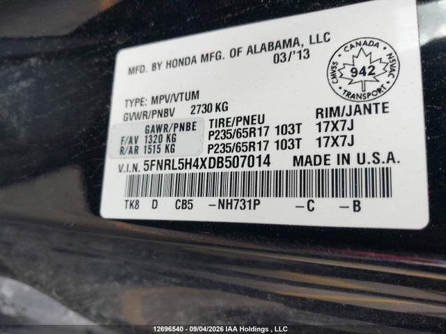 Продажа на аукционе авто 2013 Honda Odyssey Ex, vin: 5FNRL5H4XDB507014, номер лота: 12696540