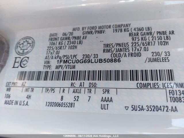 Продаж на аукціоні авто 2020 Ford Escape Se, vin: 1FMCU0G69LUB50886, номер лоту: 12696556
