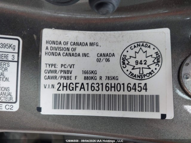 2006 Honda Civic Dx Vp მანქანა იყიდება აუქციონზე, vin: 2HGFA16316H016454, აუქციონის ნომერი: 12696558