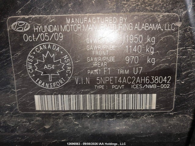 Aukcja sprzedaży 2010 Hyundai Sonata Gls, vin: 5NPET4AC2AH638042, numer aukcji: 12696563