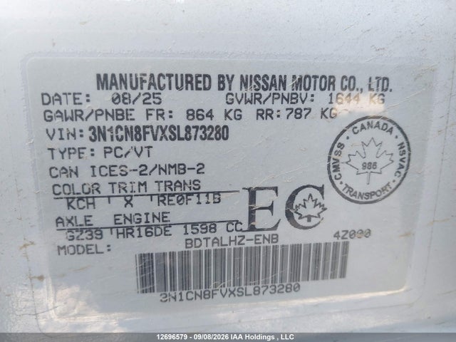 Продажа на аукционе авто 2025 Nissan Versa Sr, vin: 3N1CN8FVXSL873280, номер лота: 12696579