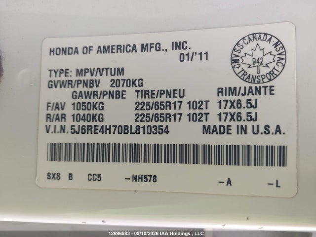 2011 Honda Cr-v Exl მანქანა იყიდება აუქციონზე, vin: 5J6RE4H70BL810354, აუქციონის ნომერი: 12696583
